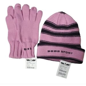 NWT Bebe pink black beanie and gloves set
